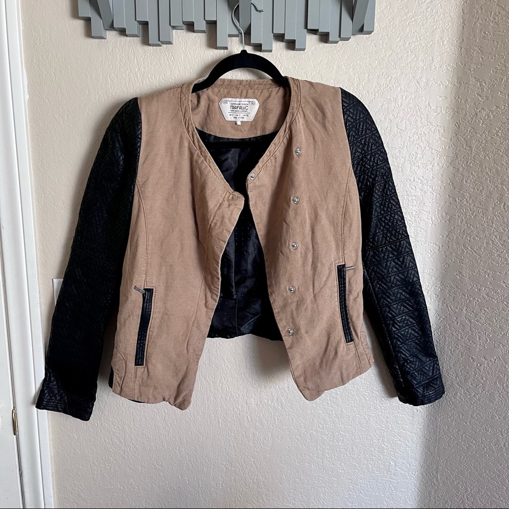 Zara Trafaluc tan & faux leather Moto jacket, small
